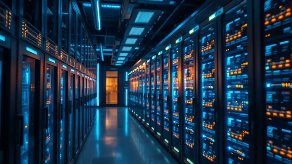 High-tech server room with glowing blue and gold lights, abs